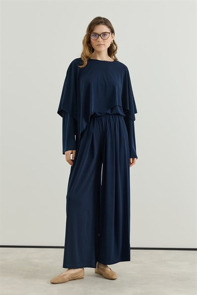 Asimetrik Kesim Tunik Pantolon Sandy Takım Lacivert