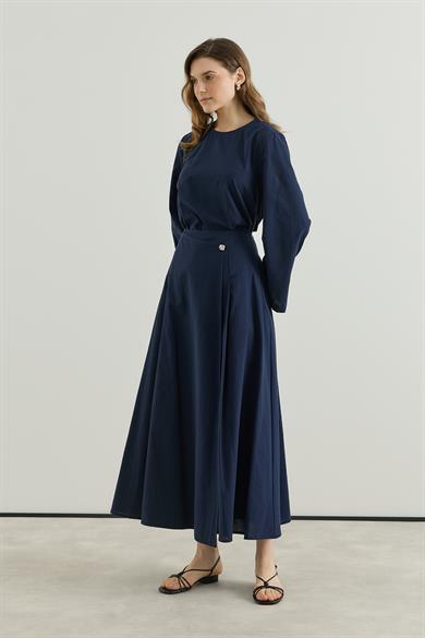 Asimetrik Kapamalı Pileli Etek bluz Keten Takım Lacivert
