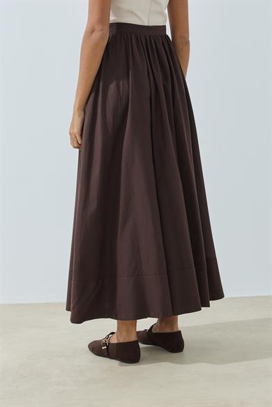 Büzgülü Geniş Katlamalı Astarlı Etek Kahve