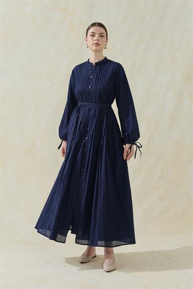 Nervürlü Astarlı Vual Elbise Lacivert