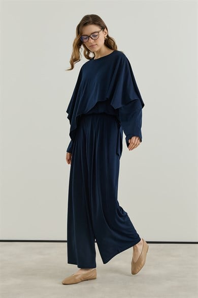 Asimetrik Kesim Tunik Pantolon Sandy Takım Lacivert