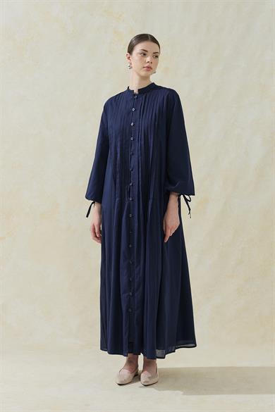 Nervürlü Astarlı Vual Elbise Lacivert