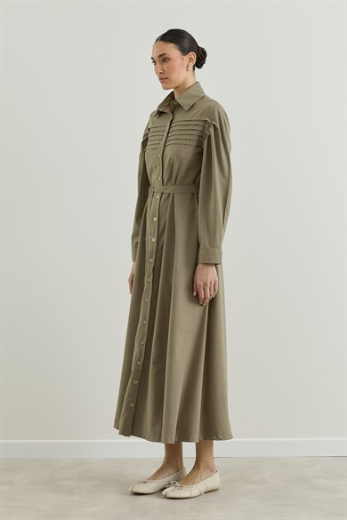 Nervür Detaylı Gömlek Elbise Haki