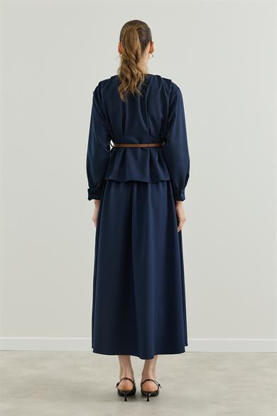 Pileli Kemerli Gömlek Etek Takım Lacivert