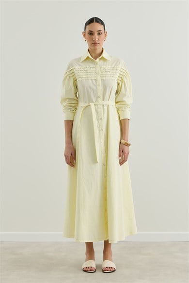 Nervür Detaylı Gömlek Elbise Sarı