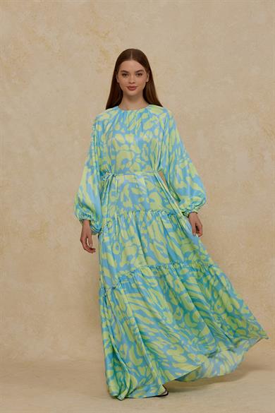 Mavi Yeşil Katlı Elbise