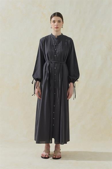 Nervürlü Astarlı Vual Elbise Füme