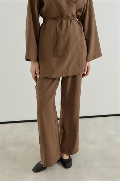 Anvelop Kapamalı Pantolonlu Kimono Takım Kahverengi