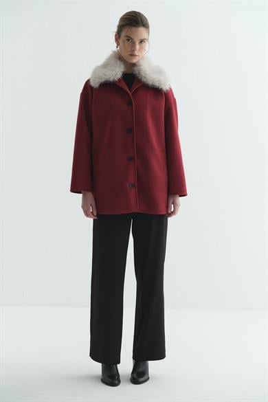 Kürk Yakalı Kaşe Bordo 