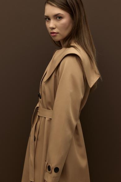 Elora Yaka Detaylı Pamuklu Gabardin Kruvaze Trençkot Camel