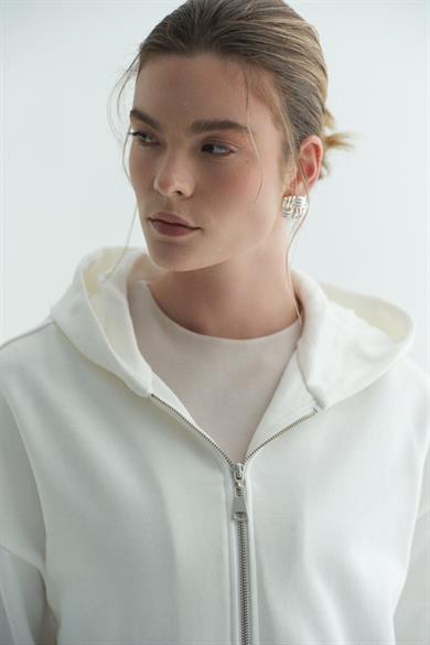 Üç İplik Kapüşonlu Fermuarlı Sweatshirt Ekru