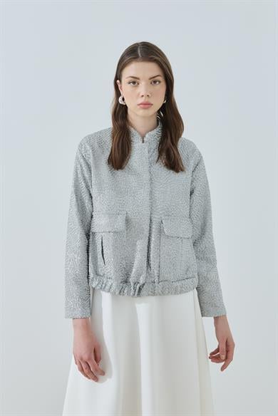 Simli Brokar Bomber Ceket Gümüş