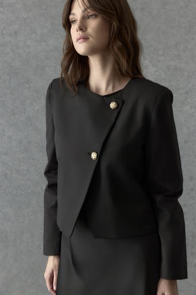 Asimetrik Kapamalı Gabardin Ceket Siyah