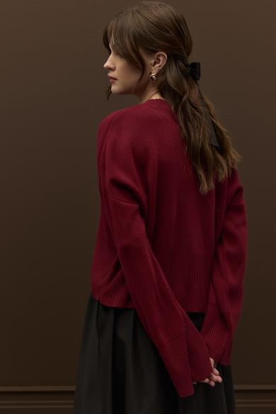 Ribana Geçişli Cropped Triko Kazak Bordo