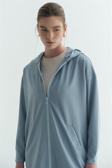Kapüşonlu Fermuarlı Sweatshirt Mavi