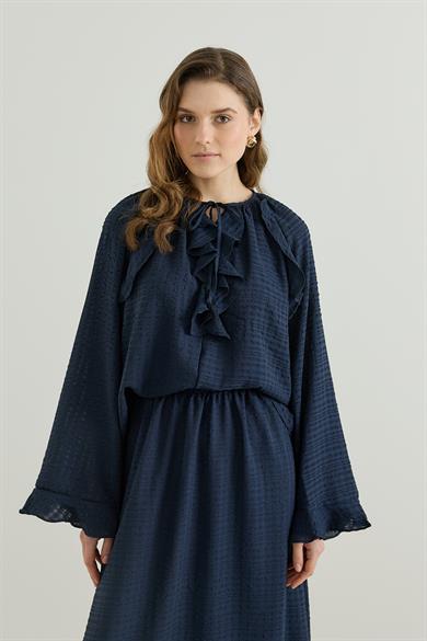 Volan Detaylı Bluz Etek Gofre Astarlı Takım Laciivert