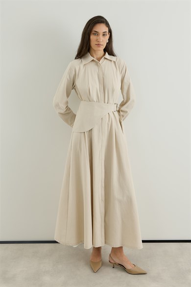 D tokalı Büyük Kemerli Keten Elbise Bej