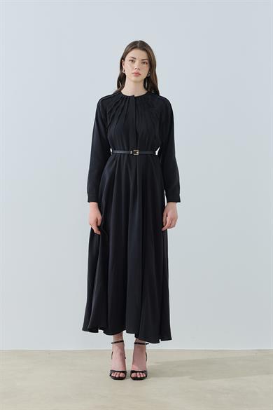 Godeli Nervürlü Elbise Siyah