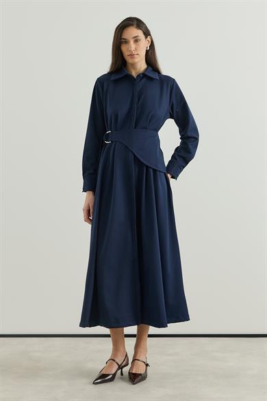 D tokalı Büyük Kemerli Keten Elbise Lacivert