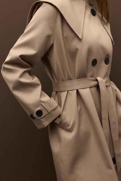 Elora Yaka Detaylı Pamuklu Gabardin Kruvaze Trençkot Vizon