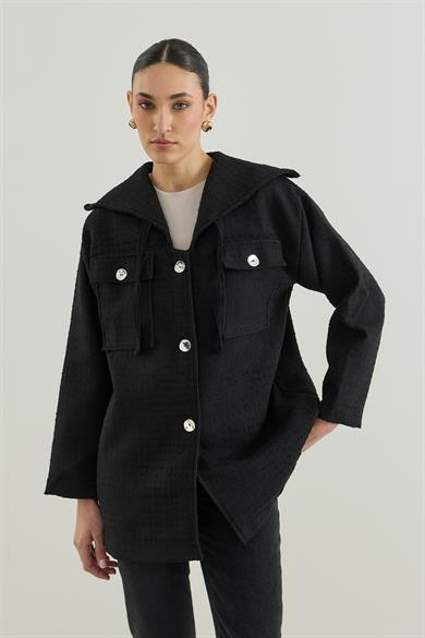Geniş Yakalı Tüvit Ceket Siyah