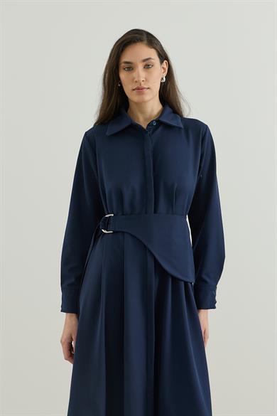 D tokalı Büyük Kemerli Keten Elbise Lacivert