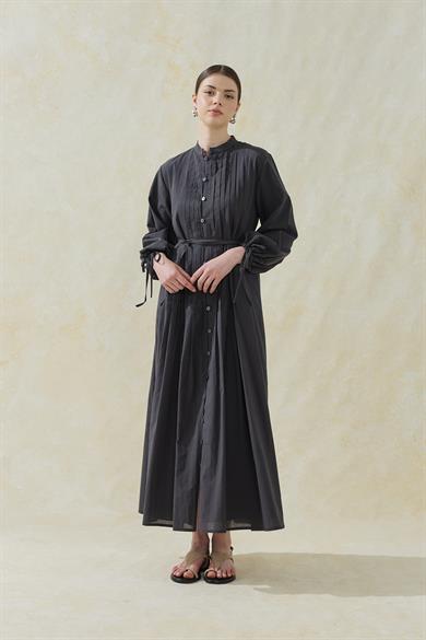 Nervürlü Astarlı Vual Elbise Füme