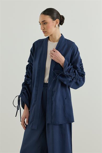 Outlet Kolu Büzgülü Modal Kimono Takım Lacivert