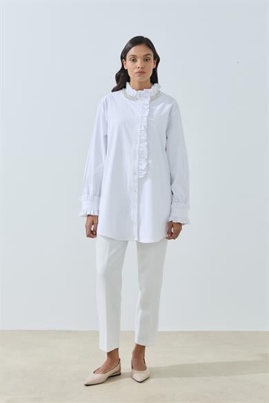 Su Yolu Taş Detaylı Poplin Gömlek Beyaz