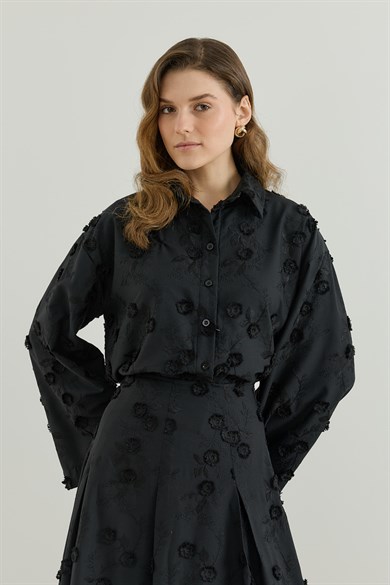 Viona Nakışlı Gömlek Etek Vual Takım Siyah