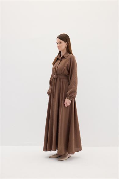 Nakışlı Modal Elbise Kahverengi