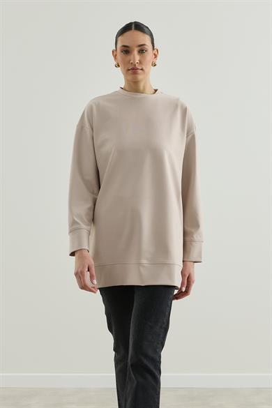 Üç İplik Kapüşonlu Fermuarlı Sweatshirt Taş