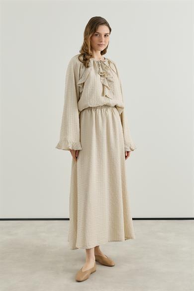 Volan Detaylı Bluz Etek Gofre Astarlı Takım Bej