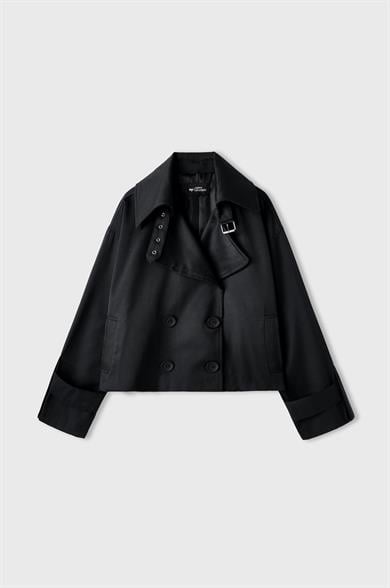 Yakası Kemerli Kısa Trenç Siyah