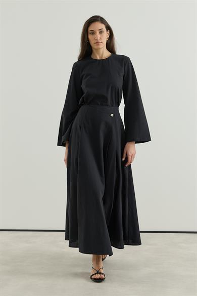 Asimetrik Kapamalı Pileli Etek bluz Keten Takım Siyah