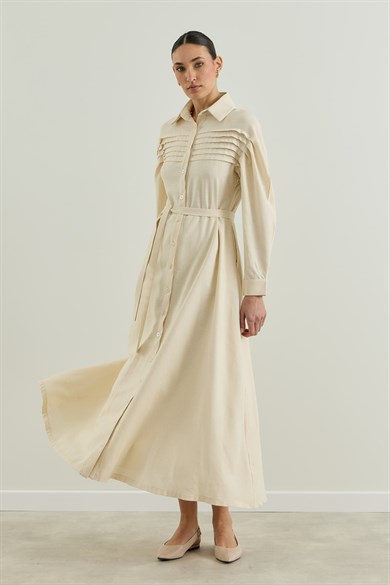 Nervür Detaylı Gömlek Elbise Bej