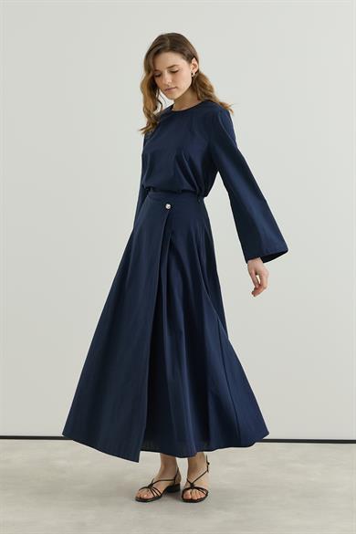 Asimetrik Kapamalı Pileli Etek bluz Keten Takım Lacivert