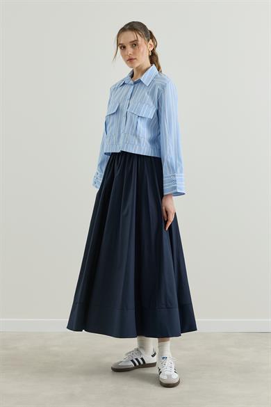 Cepli Çizgili Poplin Kısa Gömlek  Mavi 