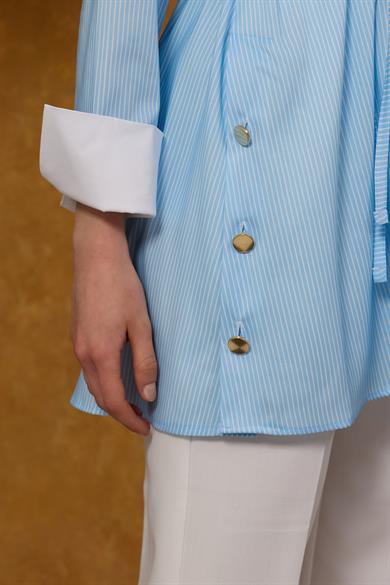 Eva Poplin Gömlek Mavi Beyaz Çizgili 