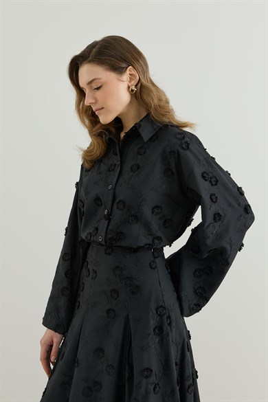 Viona Nakışlı Gömlek Etek Vual Takım Siyah