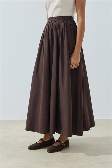 Büzgülü Geniş Katlamalı Astarlı Etek Kahve
