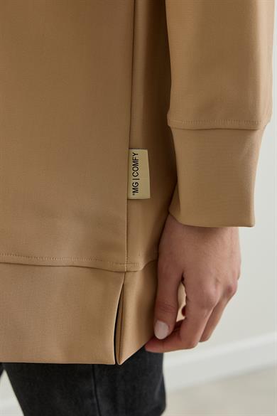 Üç İplik Kapüşonlu Fermuarlı Sweatshirt bej