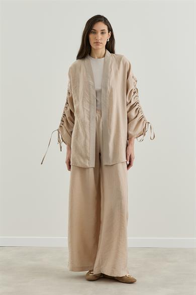 Outlet Kolu Büzgülü Modal Kimono Takım Bej
