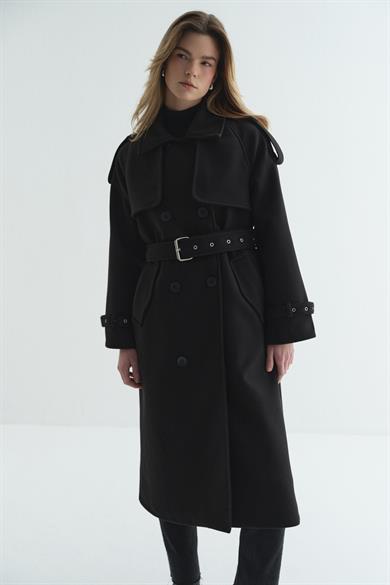 Rüzgarlıklı Kaşe Kaban Siyah