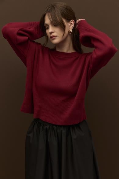Ribana Geçişli Cropped Triko Kazak Bordo