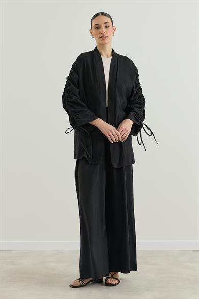 Outlet Kolu Büzgülü Modal Kimono Siyah