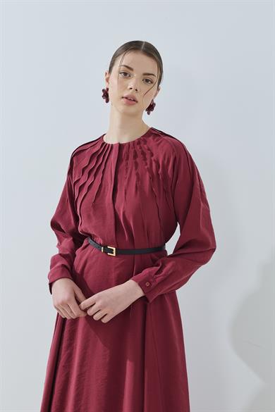 Godeli Nervürlü Elbise Bordo