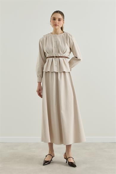 Pileli Kemerli Gömlek Etek Takım Taş