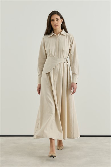 D tokalı Büyük Kemerli Keten Elbise Bej