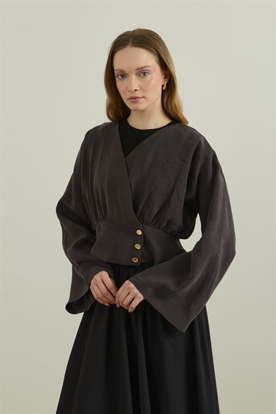 Düğme Detaylı Modal Kimono Bluz Koyu Kahve